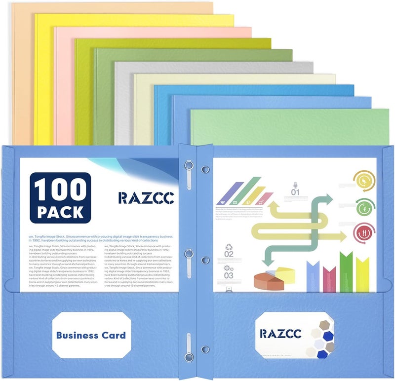 RAZCC Two Pocket Folders, 100 Pack Two Pocket Folders with Prongs, 3 Prong Folders Fit Letter Size Paper, Pocket Paper File Folders for School Office Home Business, Assorted 10 Colors - Image 1